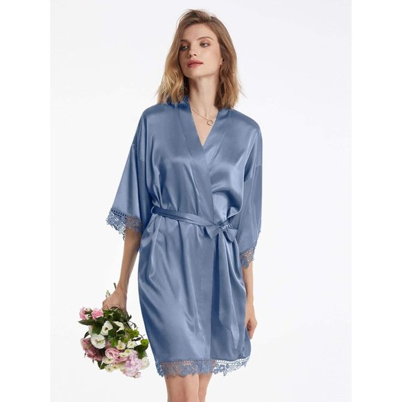 Women's Silk Robe Satin Robe with Lace Trim∣Bridal Party Robe Bride Robe - Picture 2 of 9